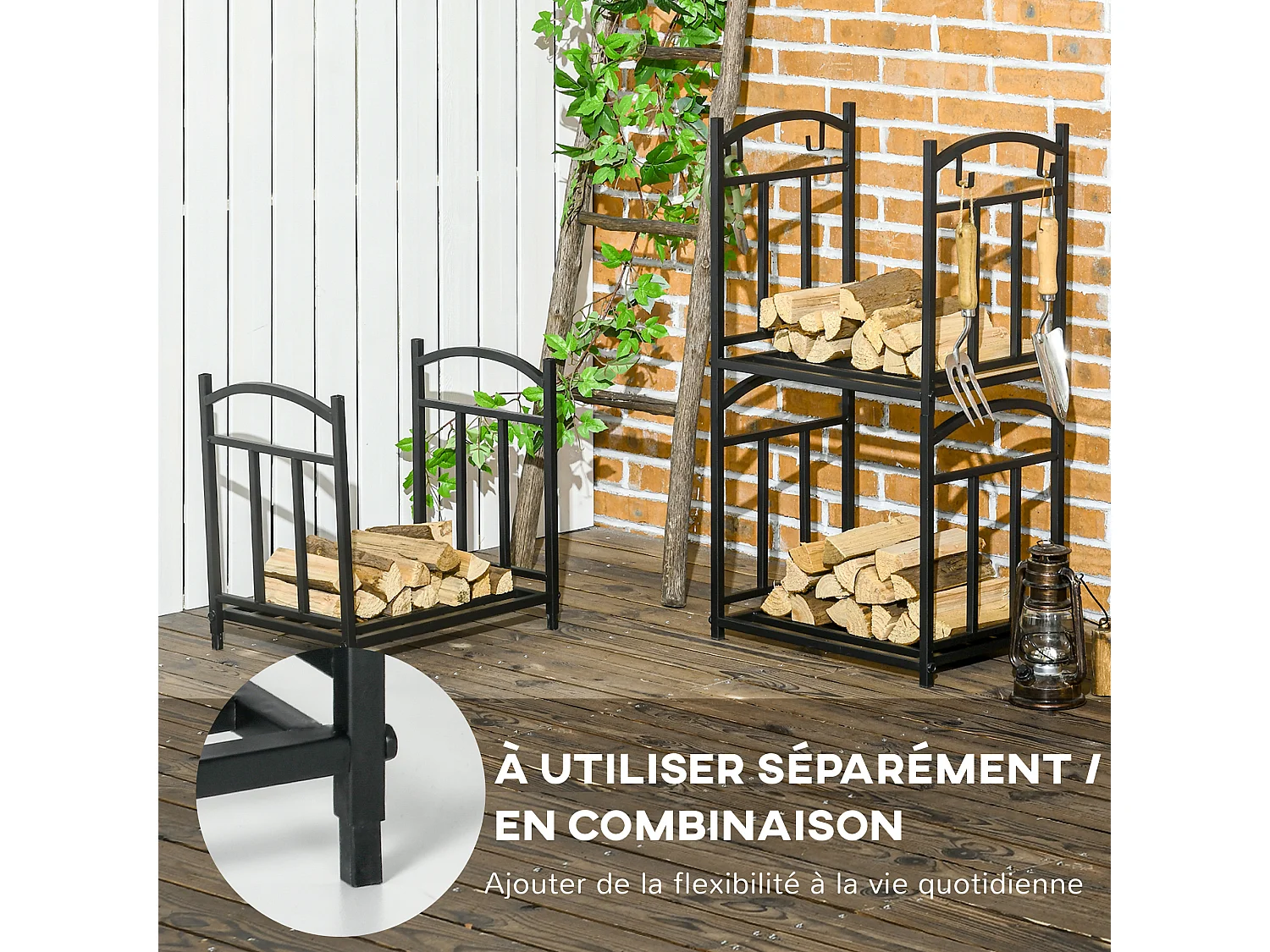 Range bûches Porte-bûches range rack à bûches pour bois de cheminée modulable avec 4 crochets, dim. 46 x 32 x 126 cm métal époxy noir