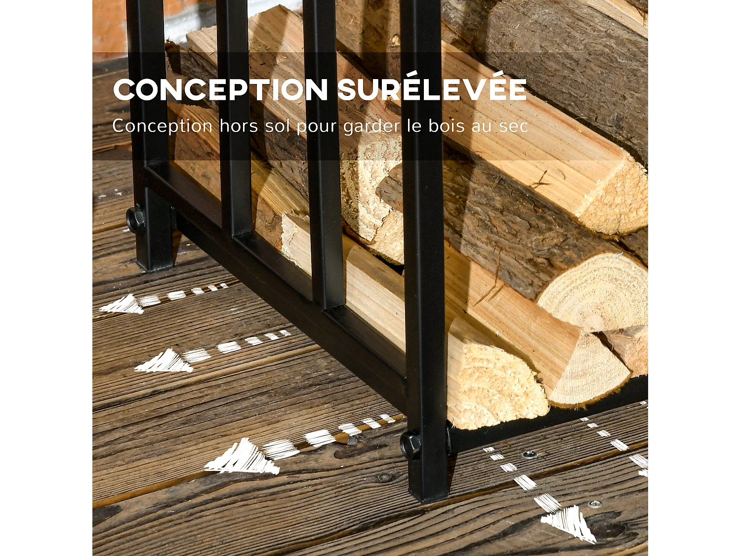 Range bûches Porte-bûches range rack à bûches pour bois de cheminée modulable avec 4 crochets, dim. 46 x 32 x 126 cm métal époxy noir