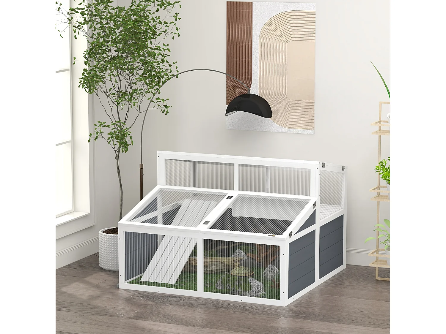 Terrarium enclos tortue 2 espaces toit polycarbonate 3 portes rampe bois gris blanc