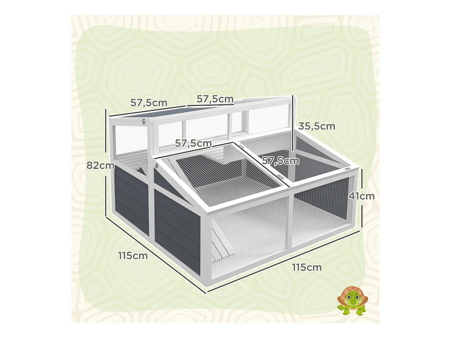 Terrarium enclos tortue 2 espaces toit polycarbonate 3 portes rampe bois gris blanc