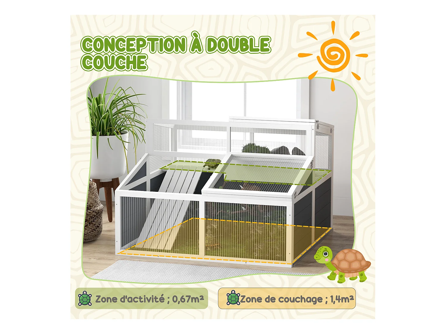Terrarium enclos tortue 2 espaces toit polycarbonate 3 portes rampe bois gris blanc