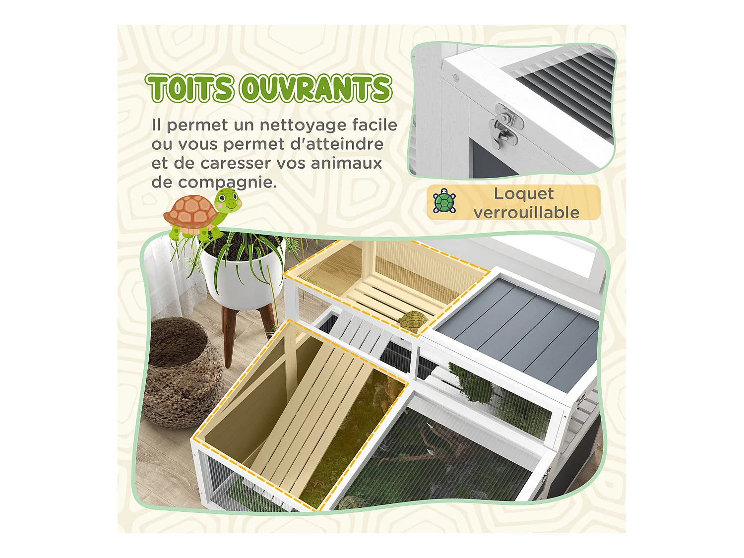 Terrarium enclos tortue 2 espaces toit polycarbonate 3 portes rampe bois gris blanc