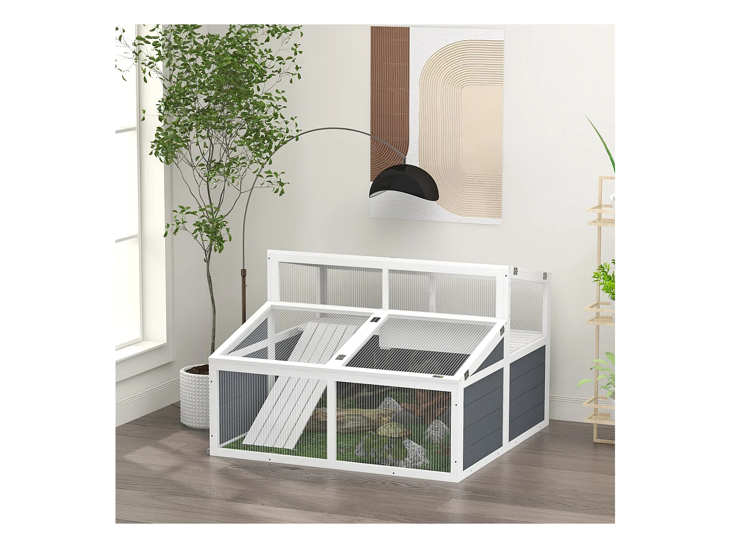 Terrarium enclos tortue 2 espaces toit polycarbonate 3 portes rampe bois gris blanc