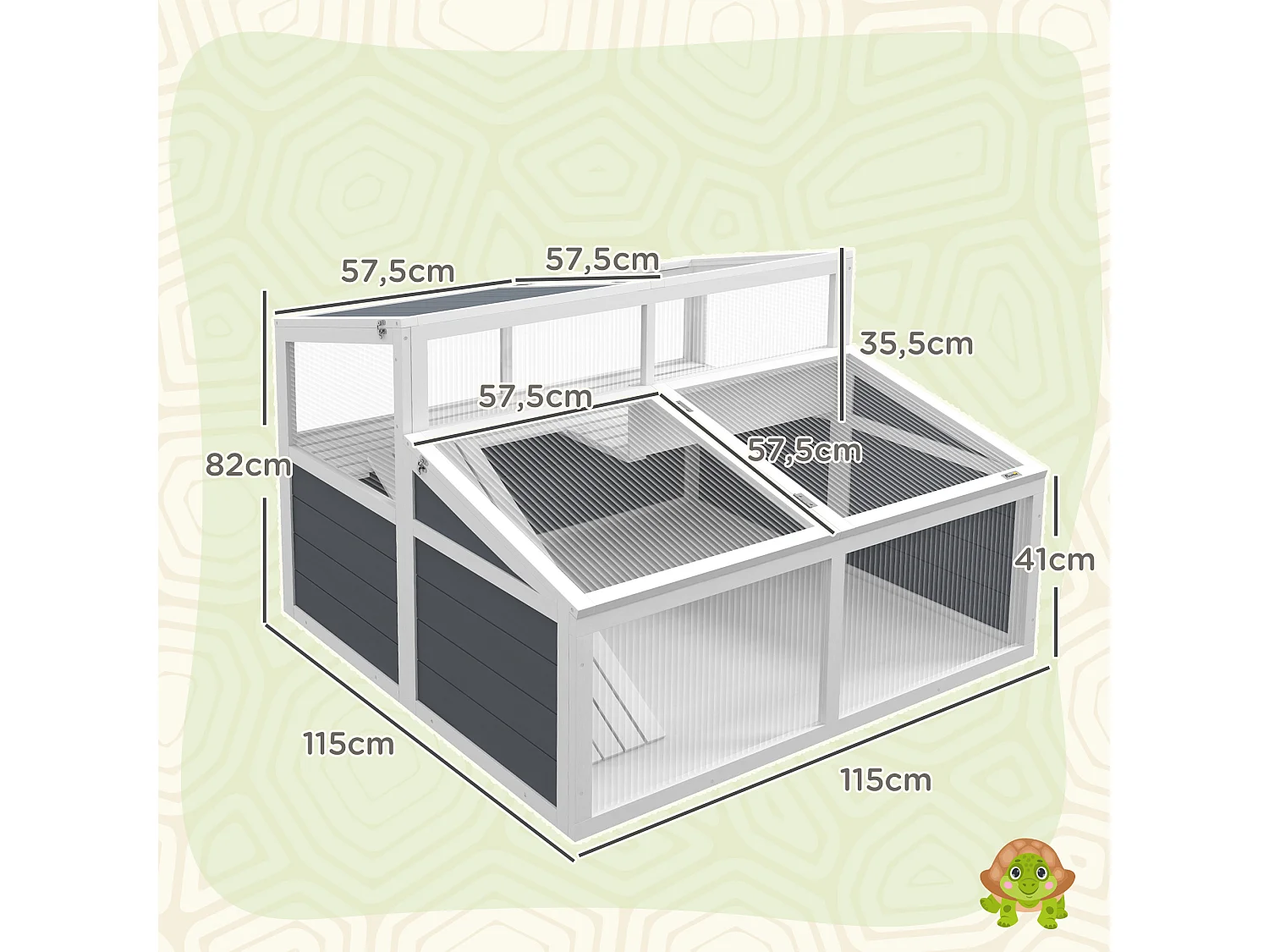 Terrarium enclos tortue 2 espaces toit polycarbonate 3 portes rampe bois gris blanc