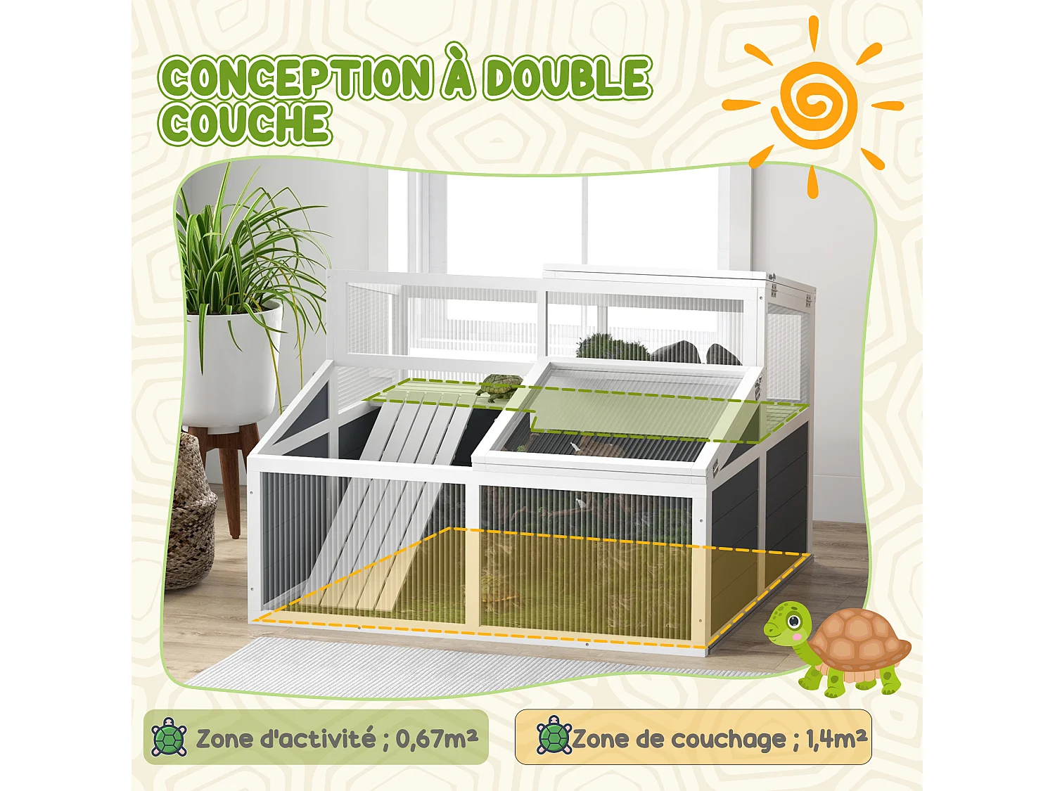 Terrarium enclos tortue 2 espaces toit polycarbonate 3 portes rampe bois gris blanc