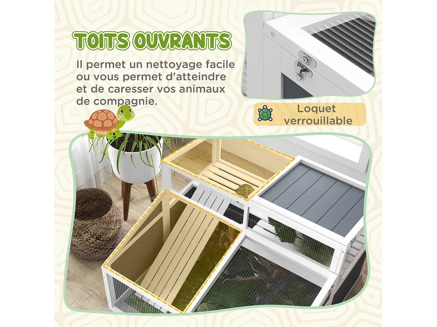 Terrarium enclos tortue 2 espaces toit polycarbonate 3 portes rampe bois gris blanc