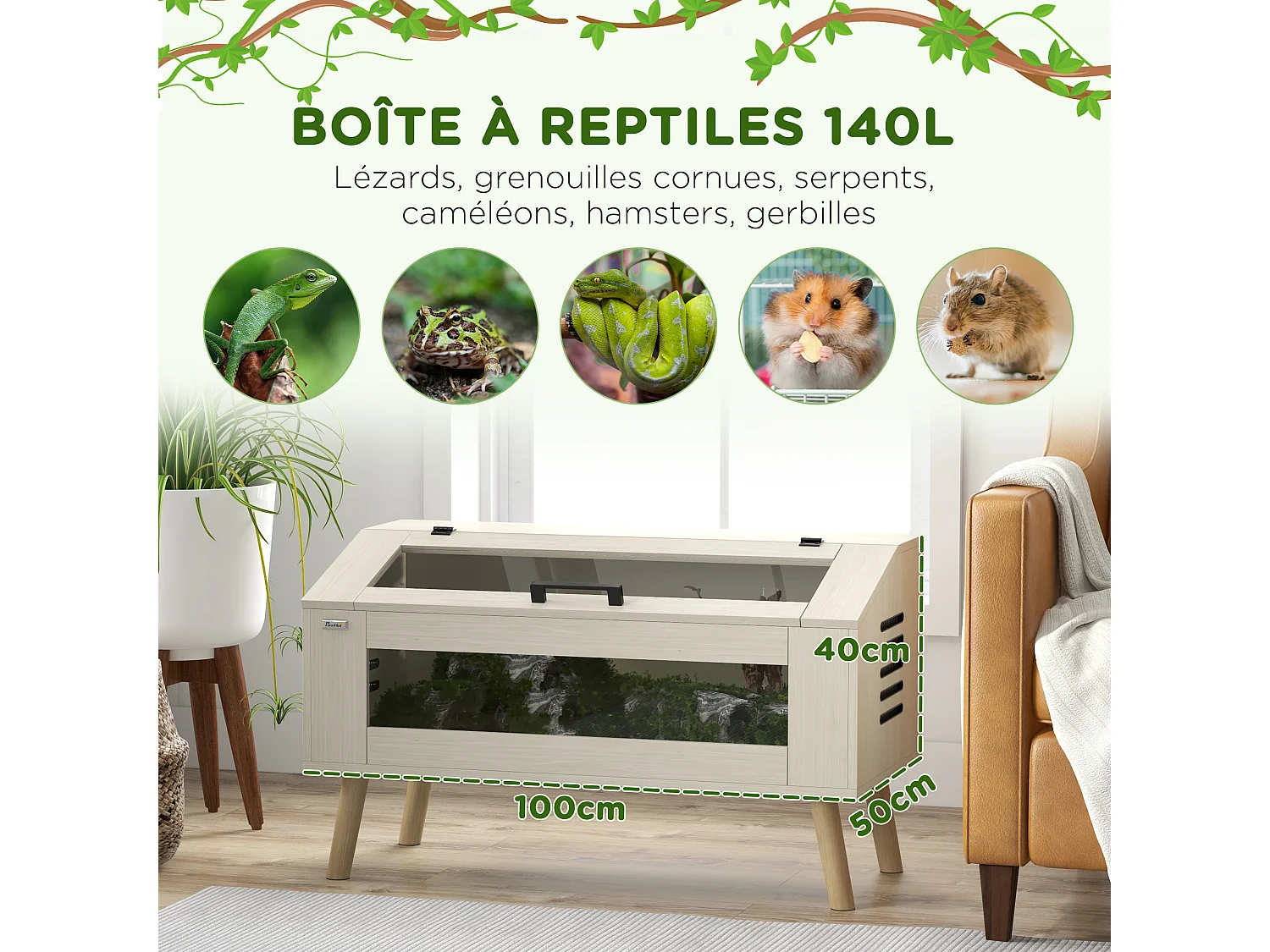 Terrarium vivarium 140L - aération latérale, fenêtres verre trempé, couvercle - bois naturel