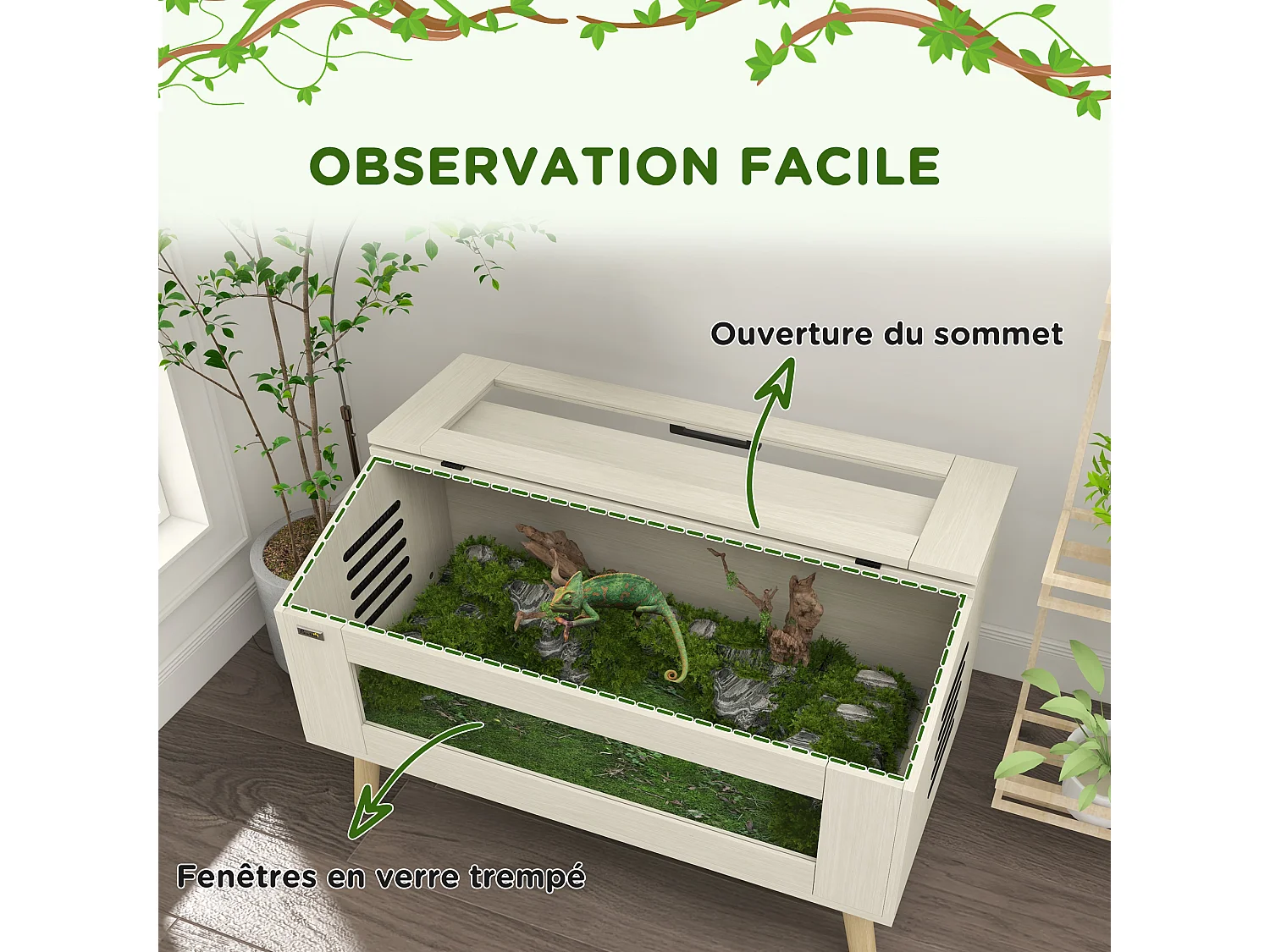 Terrarium vivarium 140L - aération latérale, fenêtres verre trempé, couvercle - bois naturel
