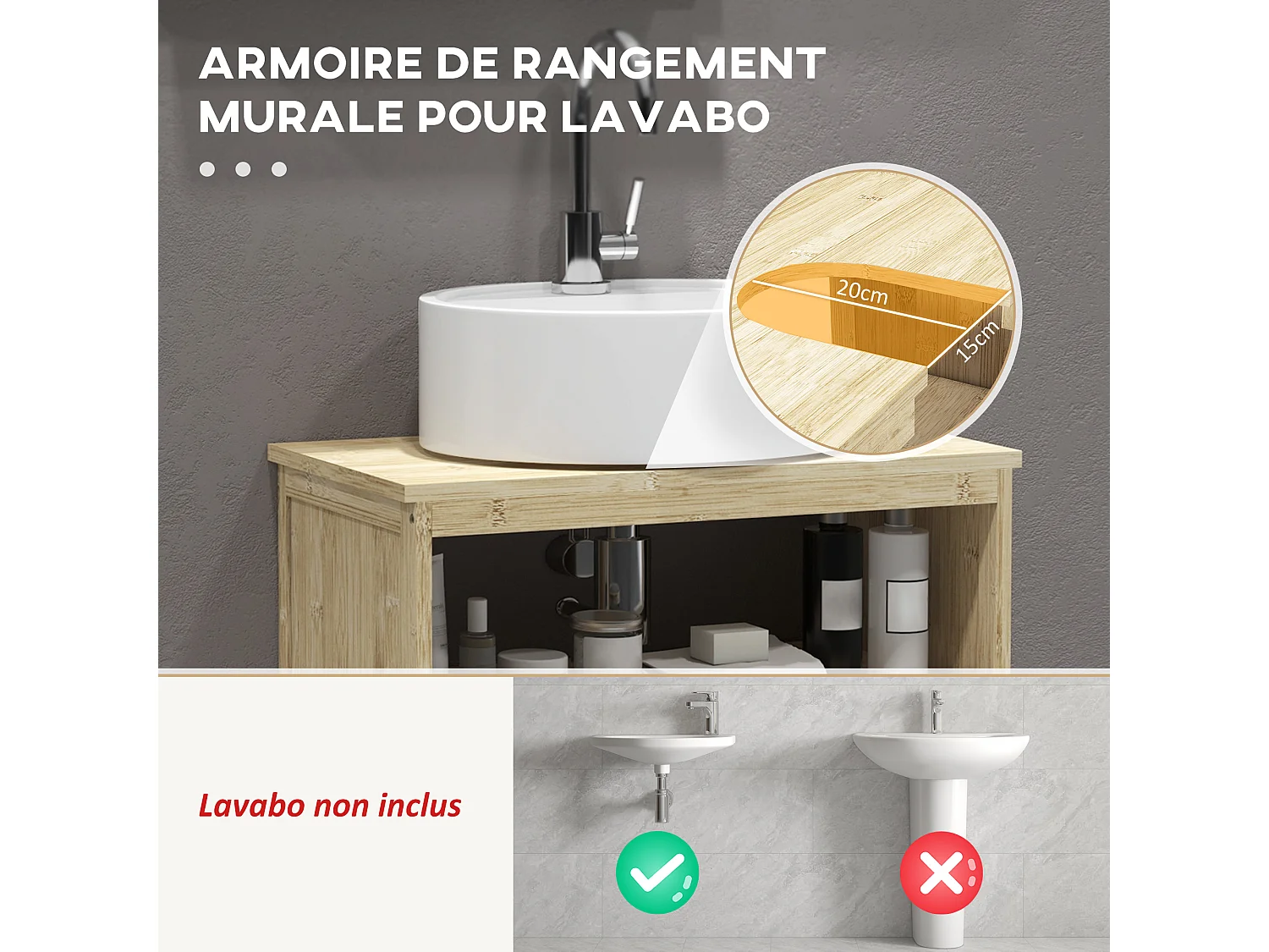 Meuble sous vasque style cosy naturel - 2 portes coulissantes - dim. 60L x 30l x 60H cm - bambou verni