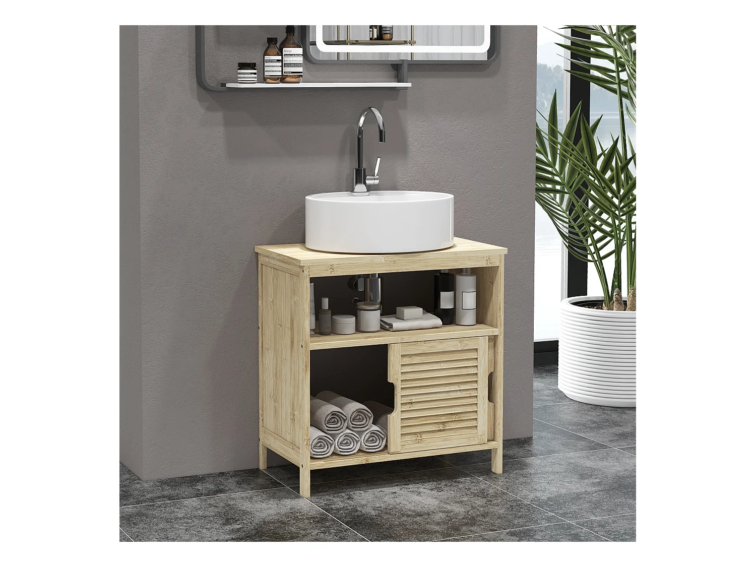 Meuble sous vasque style cosy naturel - 2 portes coulissantes - dim. 60L x 30l x 60H cm - bambou verni