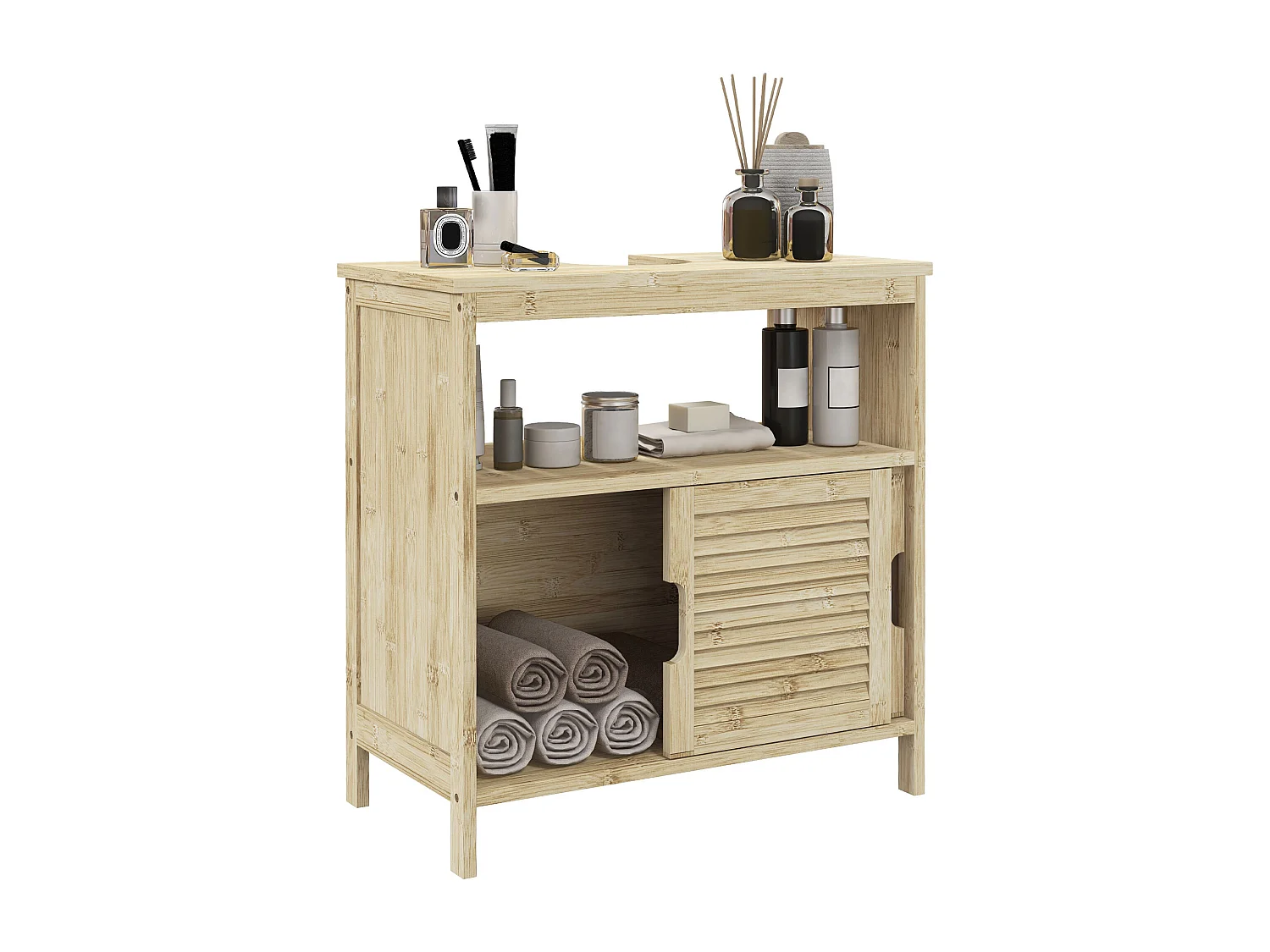 Meuble sous vasque style cosy naturel - 2 portes coulissantes - dim. 60L x 30l x 60H cm - bambou verni