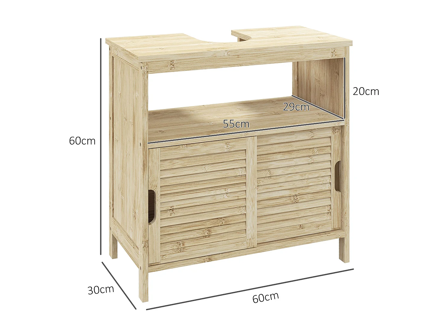 Meuble sous vasque style cosy naturel - 2 portes coulissantes - dim. 60L x 30l x 60H cm - bambou verni