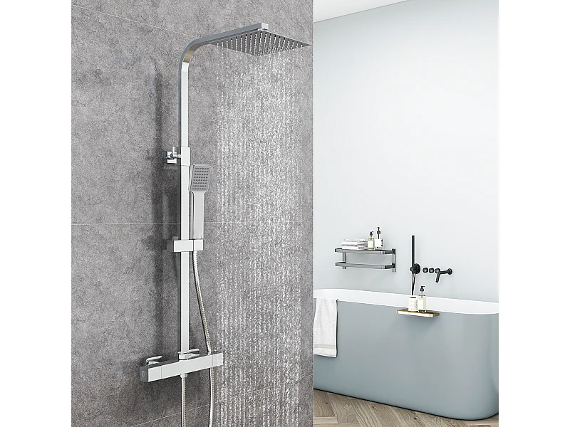 Colonna Doccia con Miscelatore Termostatico, Rubinetto Doccia 28x4cm, Soffione Doccia Quadrato in Acciaio Inox 20x20cm, Altezza Regolabile, Cromo