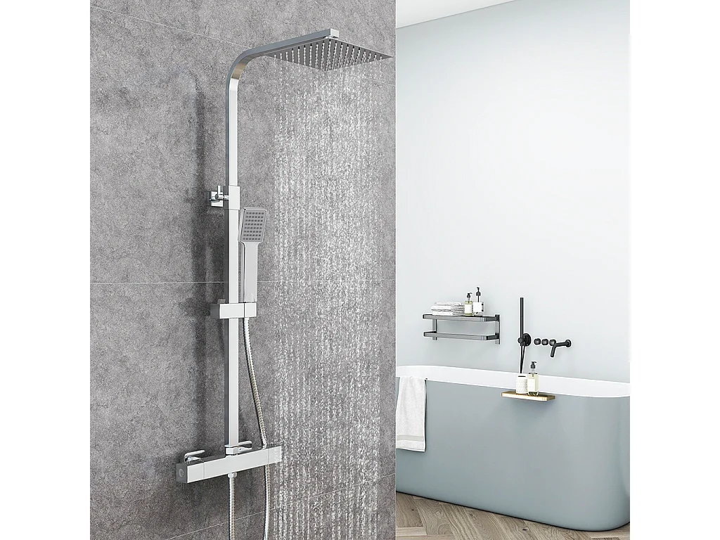 Colonna Doccia con Miscelatore Termostatico, Rubinetto Doccia 28x4cm, Soffione Doccia Quadrato in Acciaio Inox 20x20cm, Altezza Regolabile, Cromo