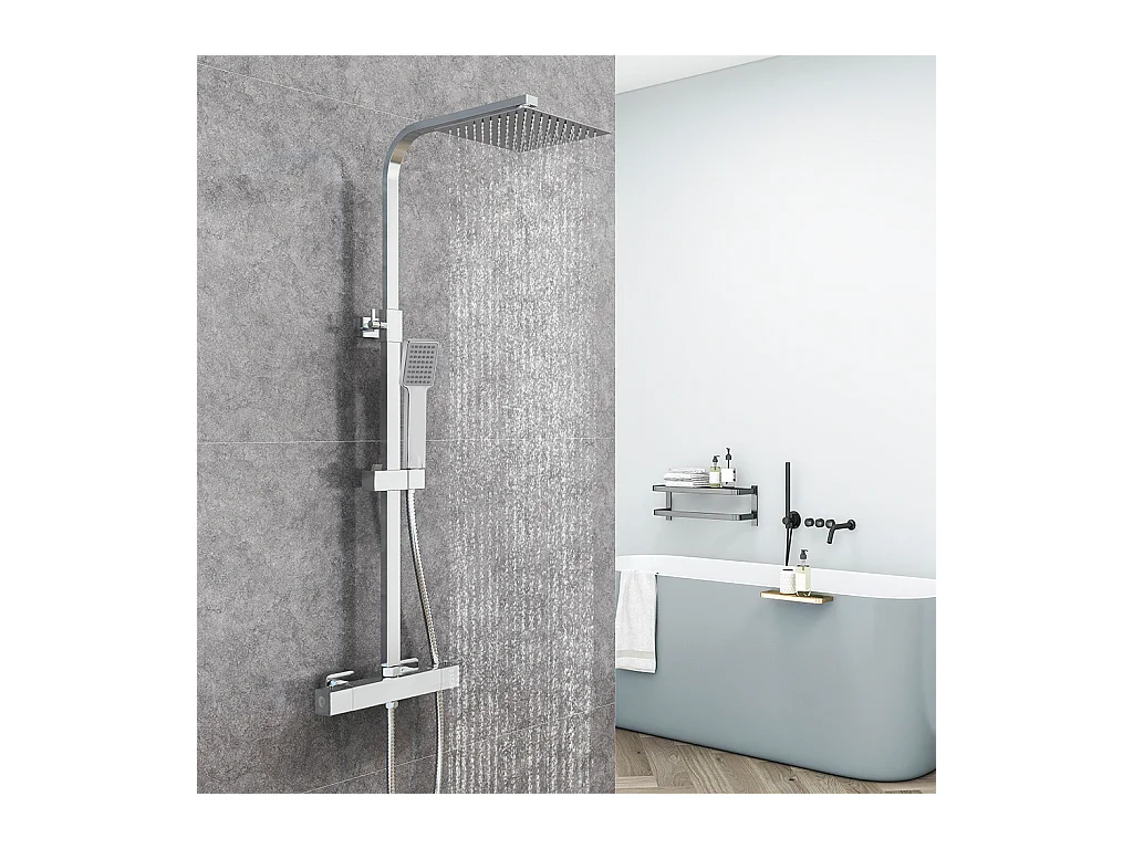 Colonna Doccia con Miscelatore Termostatico, Rubinetto Doccia 28x4cm, Soffione Doccia Quadrato in Acciaio Inox 20x20cm, Altezza Regolabile, Cromo