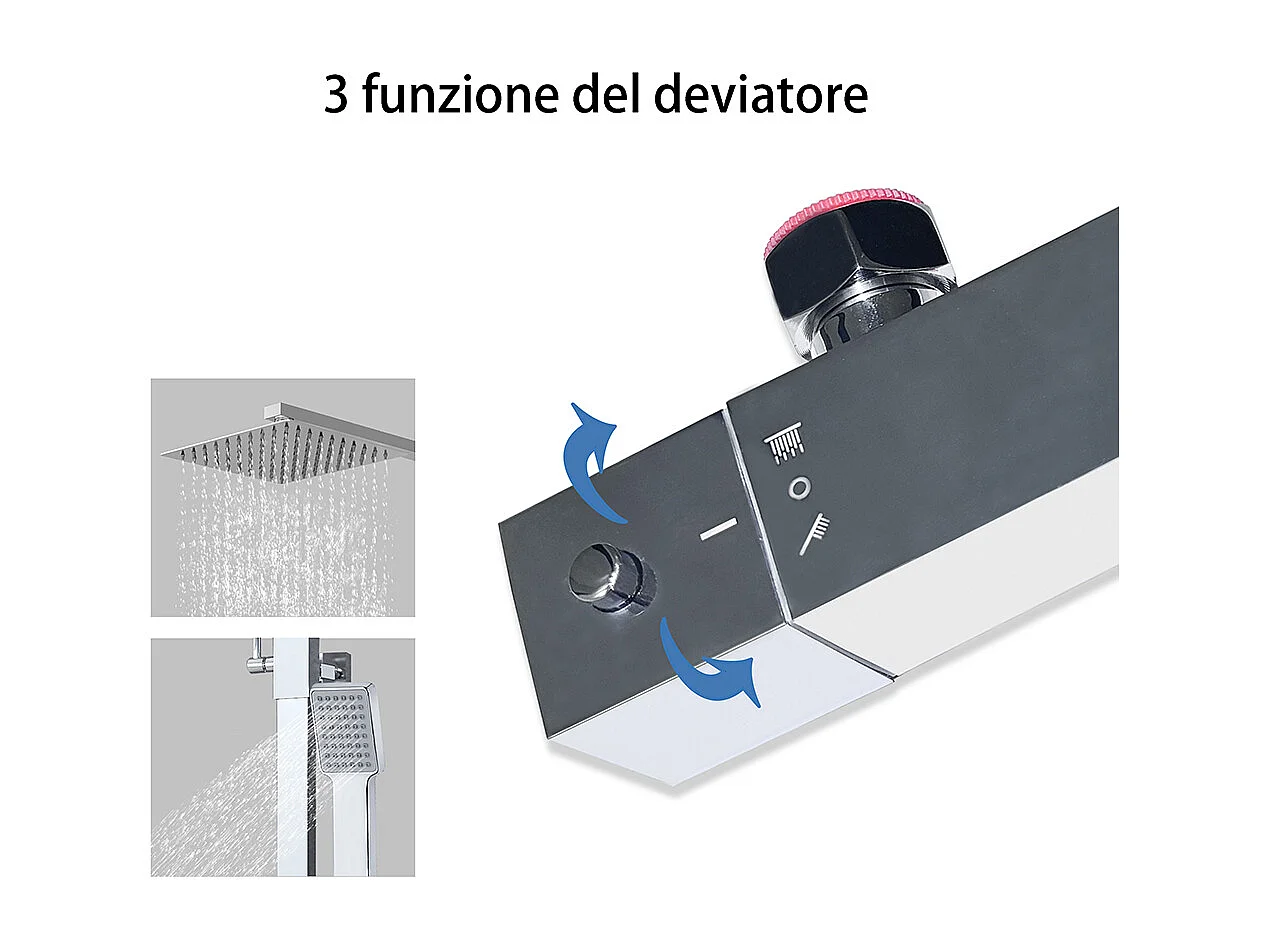Colonna Doccia con Miscelatore Termostatico, Rubinetto Doccia 28x4cm, Soffione Doccia Quadrato in Acciaio Inox 20x20cm, Altezza Regolabile, Cromo