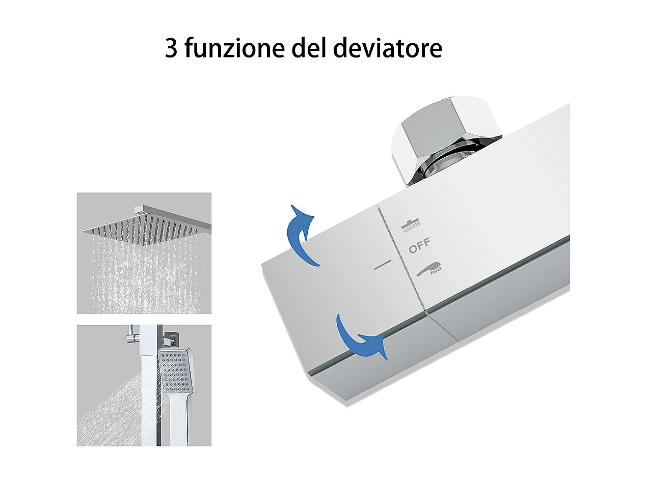 Colonna Doccia con Miscelatore Termostatico, Rubinetto Doccia 28x4cm, Soffione Doccia Quadrato in Acciaio Inox 20x20cm, Altezza Regolabile, Cromo