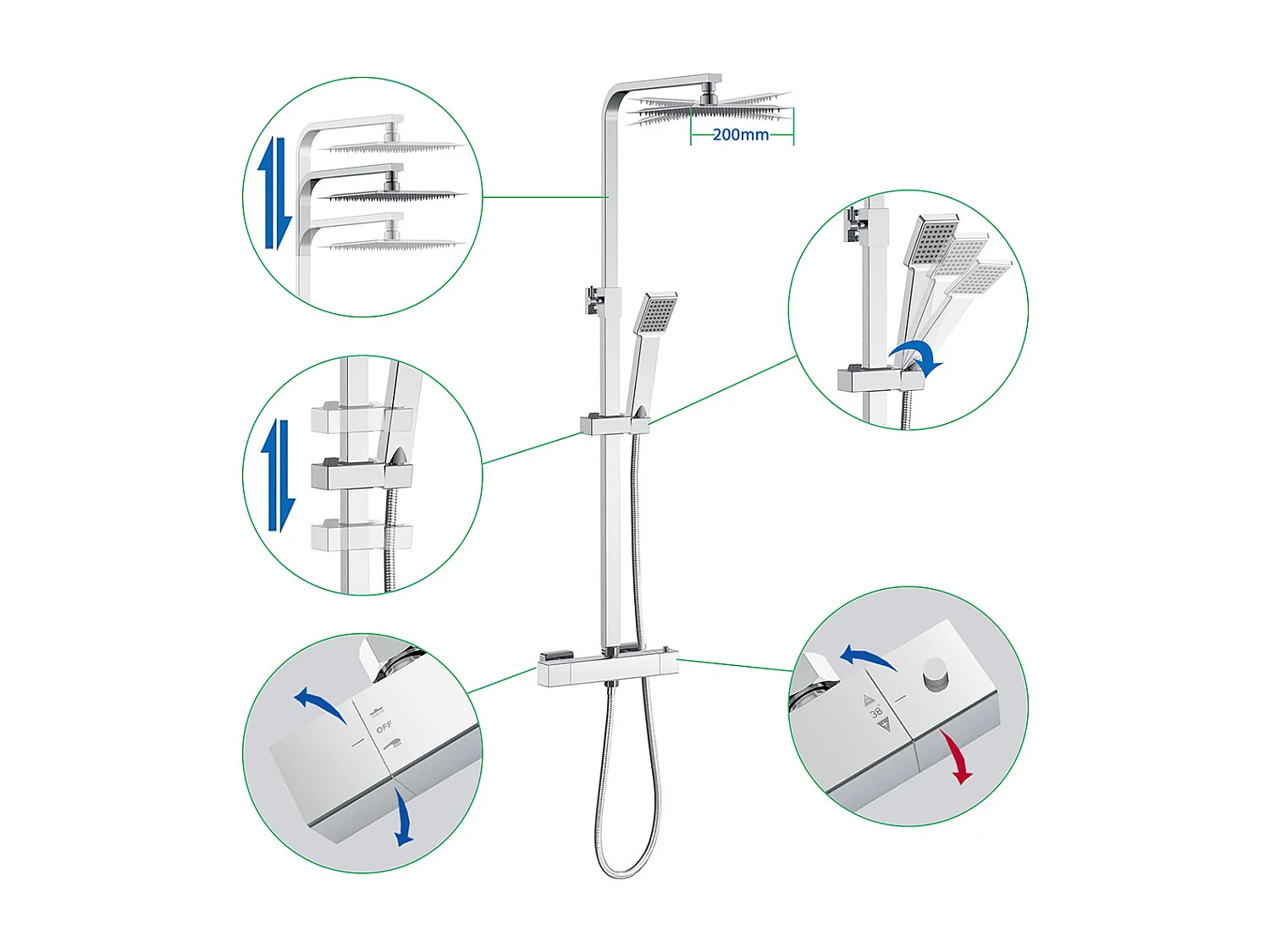 Colonna Doccia con Miscelatore Termostatico, Rubinetto Doccia 28x4cm, Soffione Doccia Quadrato in Acciaio Inox 20x20cm, Altezza Regolabile, Cromo