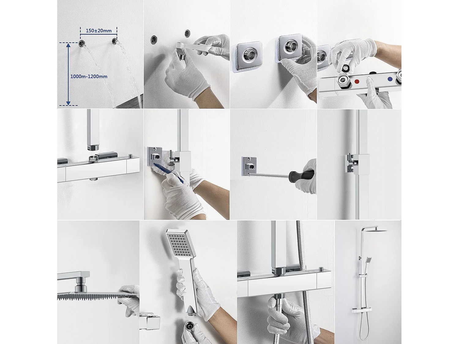 Colonna Doccia con Miscelatore Termostatico, Rubinetto Doccia 28x4cm, Soffione Doccia Quadrato in Acciaio Inox 20x20cm, Altezza Regolabile, Cromo