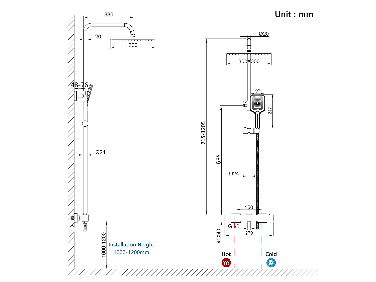 Colonna doccia con miscelatore termostatico,doccia soffione quadrato 30x30cm in acciaio inox, nero opaco