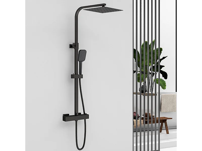 Colonna doccia con miscelatore termostatico,doccia soffione quadrato 25x25cm in acciaio inox, nero opaco