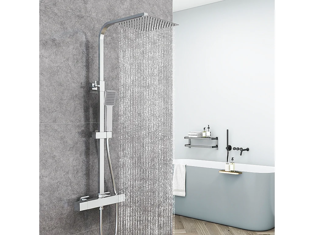 Colonna doccia con miscelatore termostatico, doccia soffione quadrato 25x25cm in acciaio inox, cromato lucido