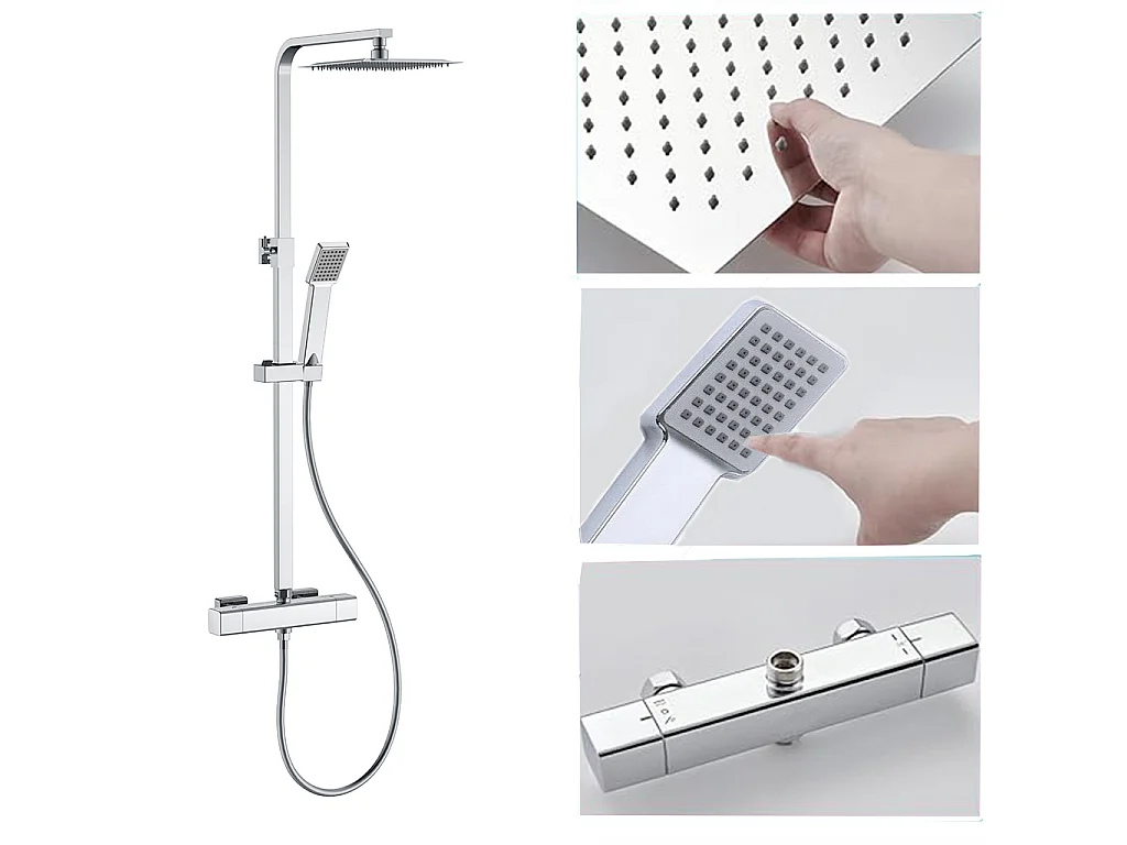 Colonna doccia con miscelatore termostatico, doccia soffione quadrato 25x25cm in acciaio inox, cromato lucido