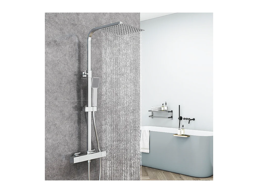 Colonna doccia con miscelatore termostatico, doccia soffione quadrato 25x25cm in acciaio inox, cromato lucido