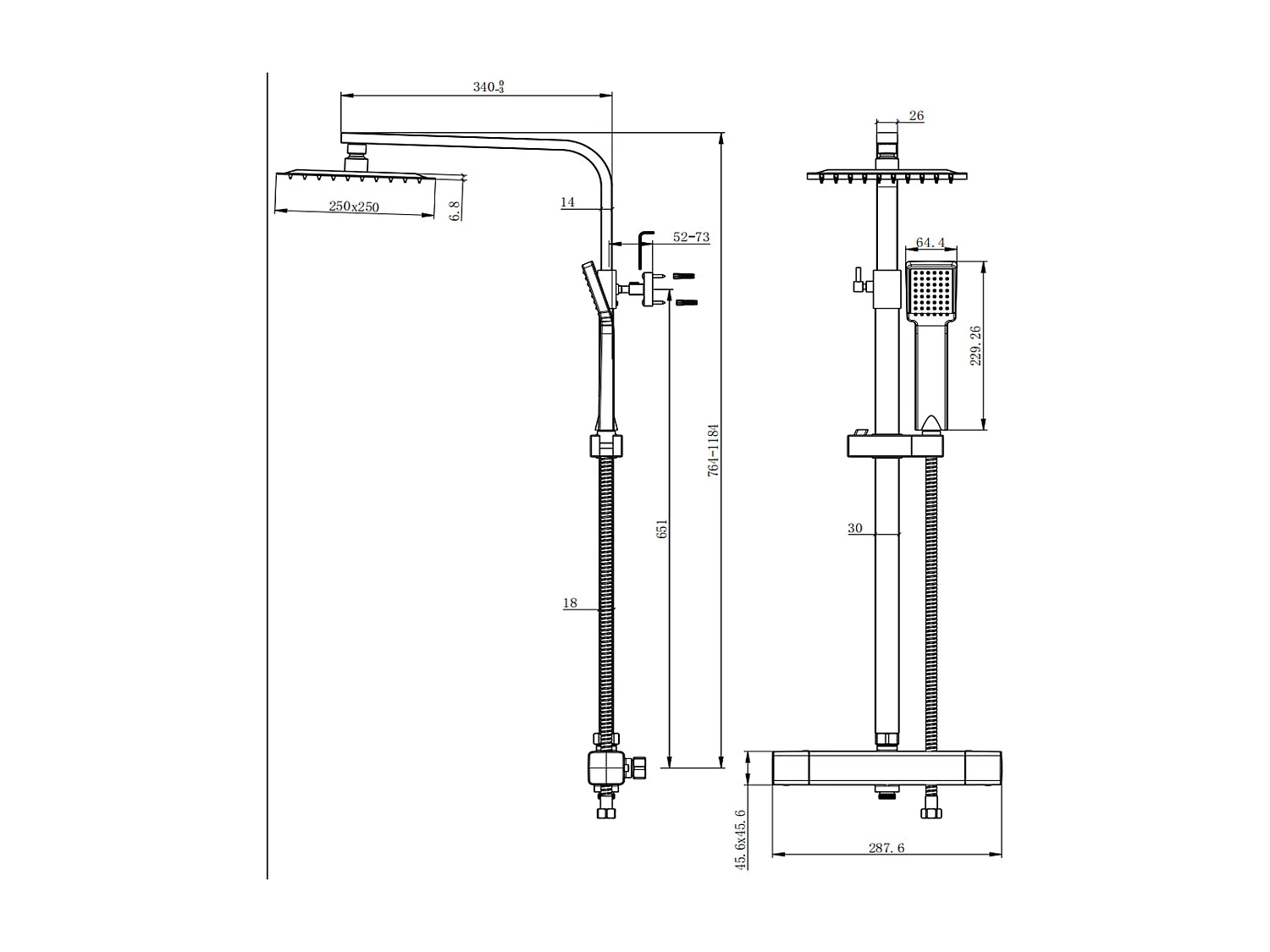 Colonna doccia con miscelatore termostatico, doccia soffione quadrato 25x25cm in acciaio inox, cromato lucido