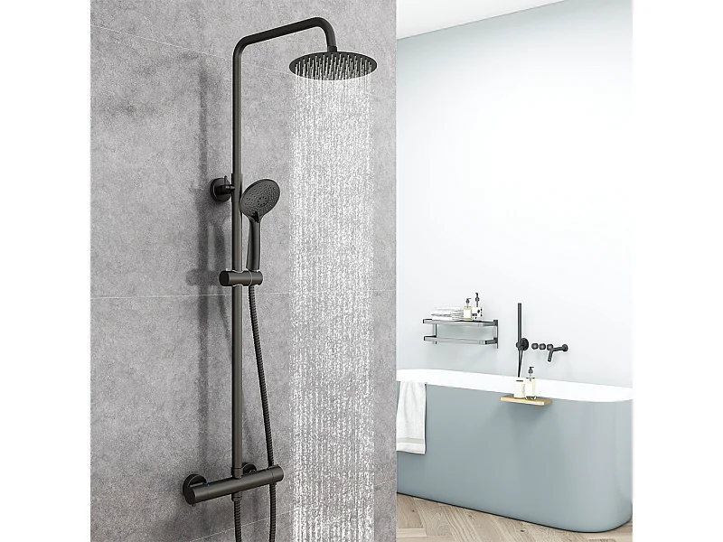 Colonna Doccia con Miscelatore Termostatico, Rubinetto Doccia 28x4mm, Soffione Doccia Tondo in Acciaio Inox da 20cm, Altezza Regolabile,Nero