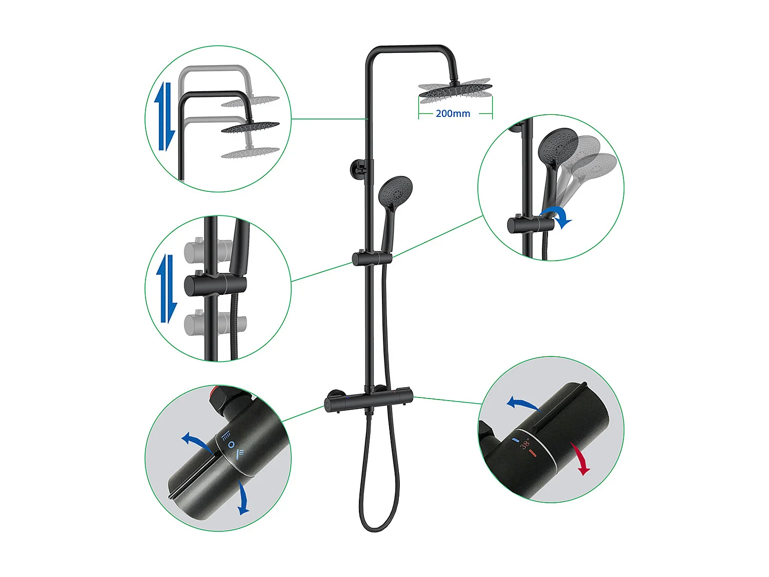 Colonna Doccia con Miscelatore Termostatico, Rubinetto Doccia 28x4mm, Soffione Doccia Tondo in Acciaio Inox da 20cm, Altezza Regolabile,Nero