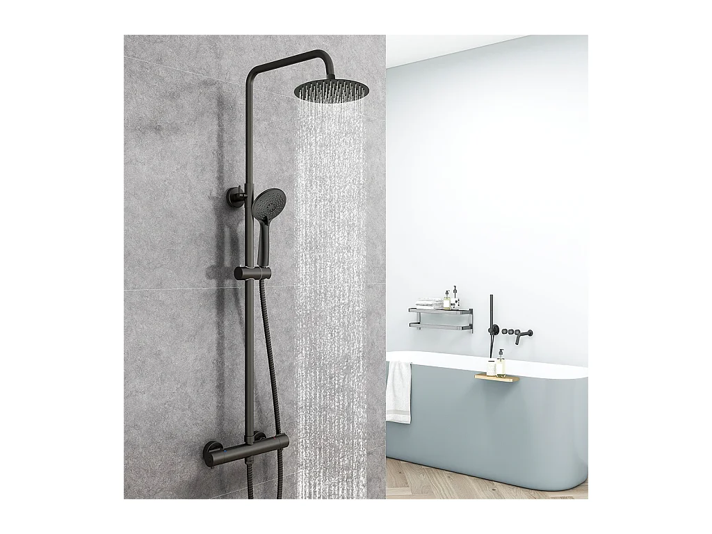 Colonna Doccia con Miscelatore Termostatico, Rubinetto Doccia 28x4mm, Soffione Doccia Tondo in Acciaio Inox da 20cm, Altezza Regolabile,Nero