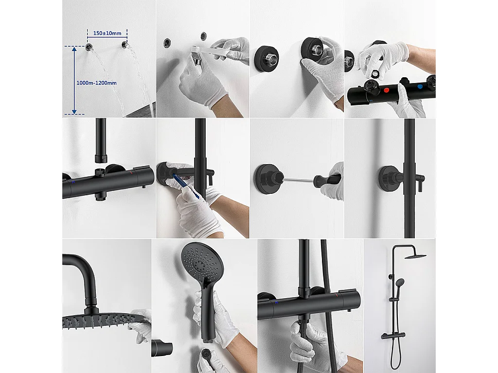 Colonna doccia con miscelatore termostatico,doccia soffione rotondo 25x25cm in acciaio inox, nero opaco