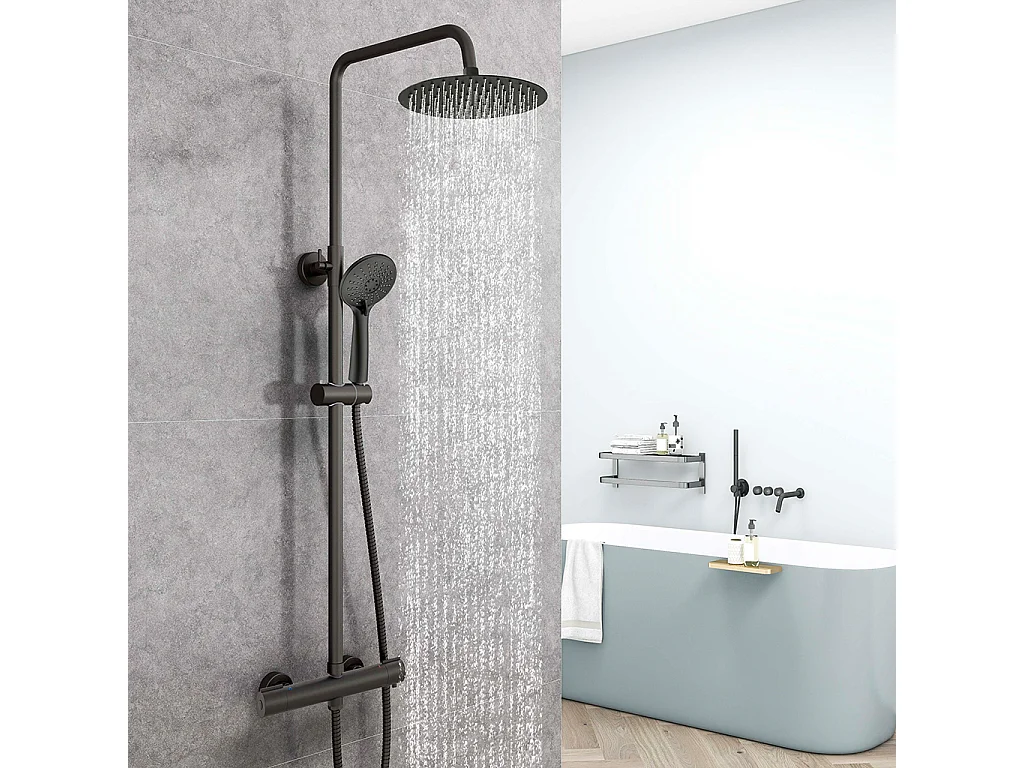 Colonna doccia con miscelatore termostatico,doccia soffione rotondo 25x25cm in acciaio inox, nero opaco