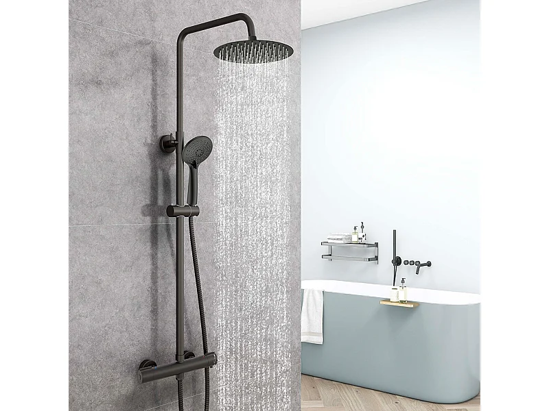 Colonna doccia con miscelatore termostatico,doccia soffione rotondo 25x25cm in acciaio inox, nero opaco