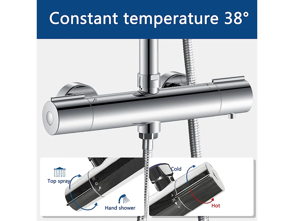 Colonna doccia con miscelatore termostatico,doccia soffione rotondo 25x25cm in acciaio inox, cromato lucido