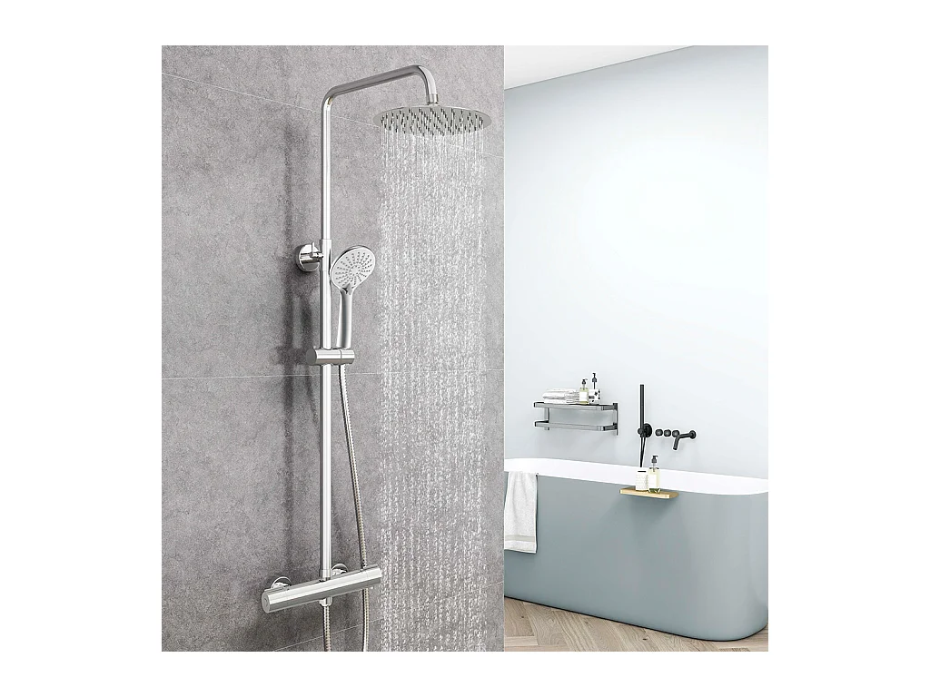 Colonna doccia con miscelatore termostatico,doccia soffione rotondo 25x25cm in acciaio inox, cromato lucido