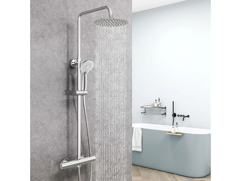 Colonna doccia con miscelatore termostatico,doccia soffione rotondo 25x25cm in acciaio inox, cromato lucido