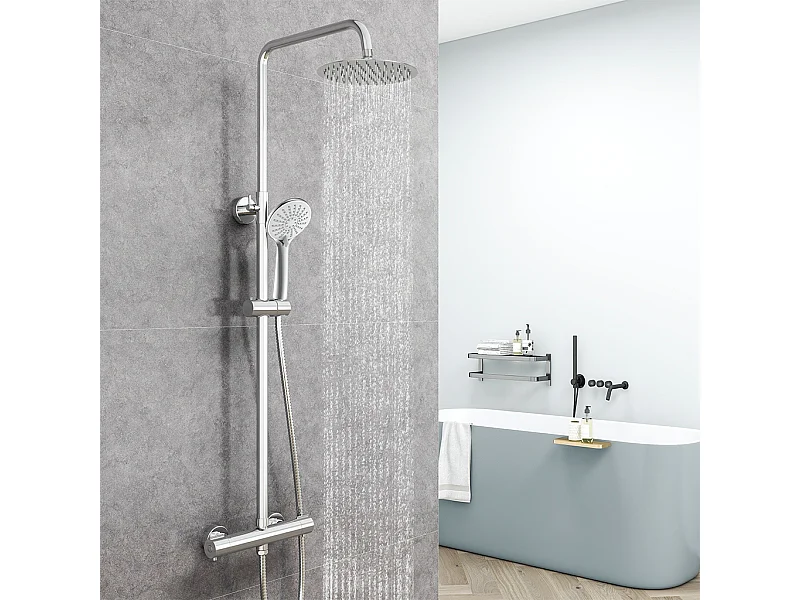 Colonna Doccia con Miscelatore Termostatico, Rubinetto Doccia 28x4cm, Soffione Doccia Tondo in Acciaio Inox da 20cm, Altezza Regolabile,Cromo