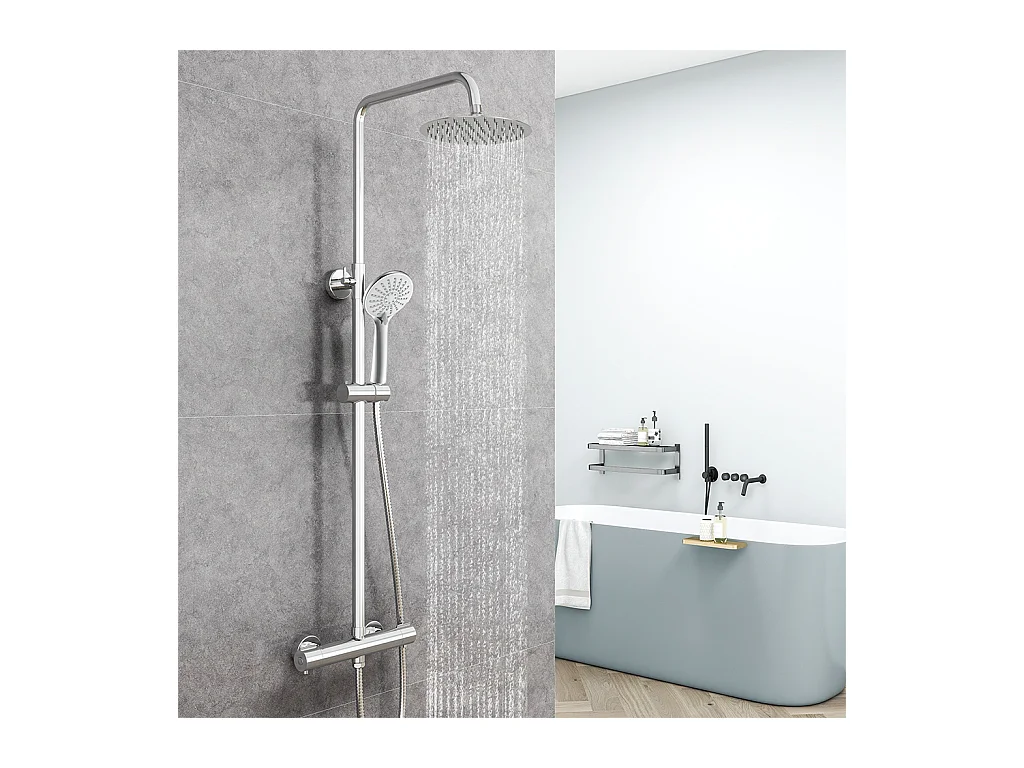 Colonna Doccia con Miscelatore Termostatico, Rubinetto Doccia 28x4cm, Soffione Doccia Tondo in Acciaio Inox da 20cm, Altezza Regolabile,Cromo