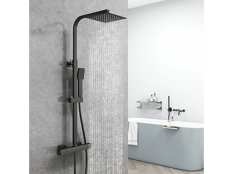 Colonna Doccia con Miscelatore Termostatico, Rubinetto Doccia 28x4cm, Soffione Doccia Quadrato in Acciaio Inox 20x20cm, Altezza Regolabile,Nero
