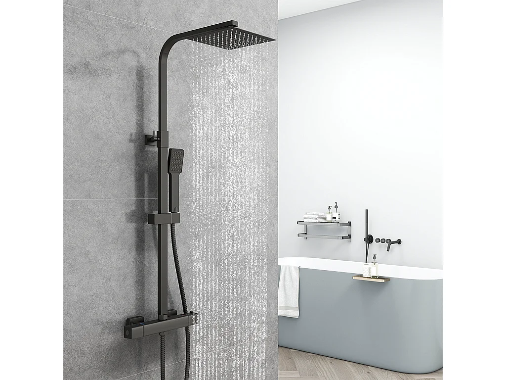 Colonna Doccia con Miscelatore Termostatico, Rubinetto Doccia 28x4cm, Soffione Doccia Quadrato in Acciaio Inox 20x20cm, Altezza Regolabile,Nero