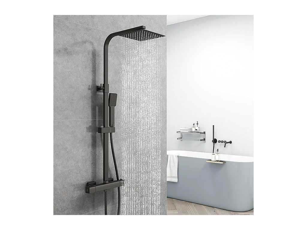 Colonna Doccia con Miscelatore Termostatico, Rubinetto Doccia 28x4cm, Soffione Doccia Quadrato in Acciaio Inox 20x20cm, Altezza Regolabile,Nero