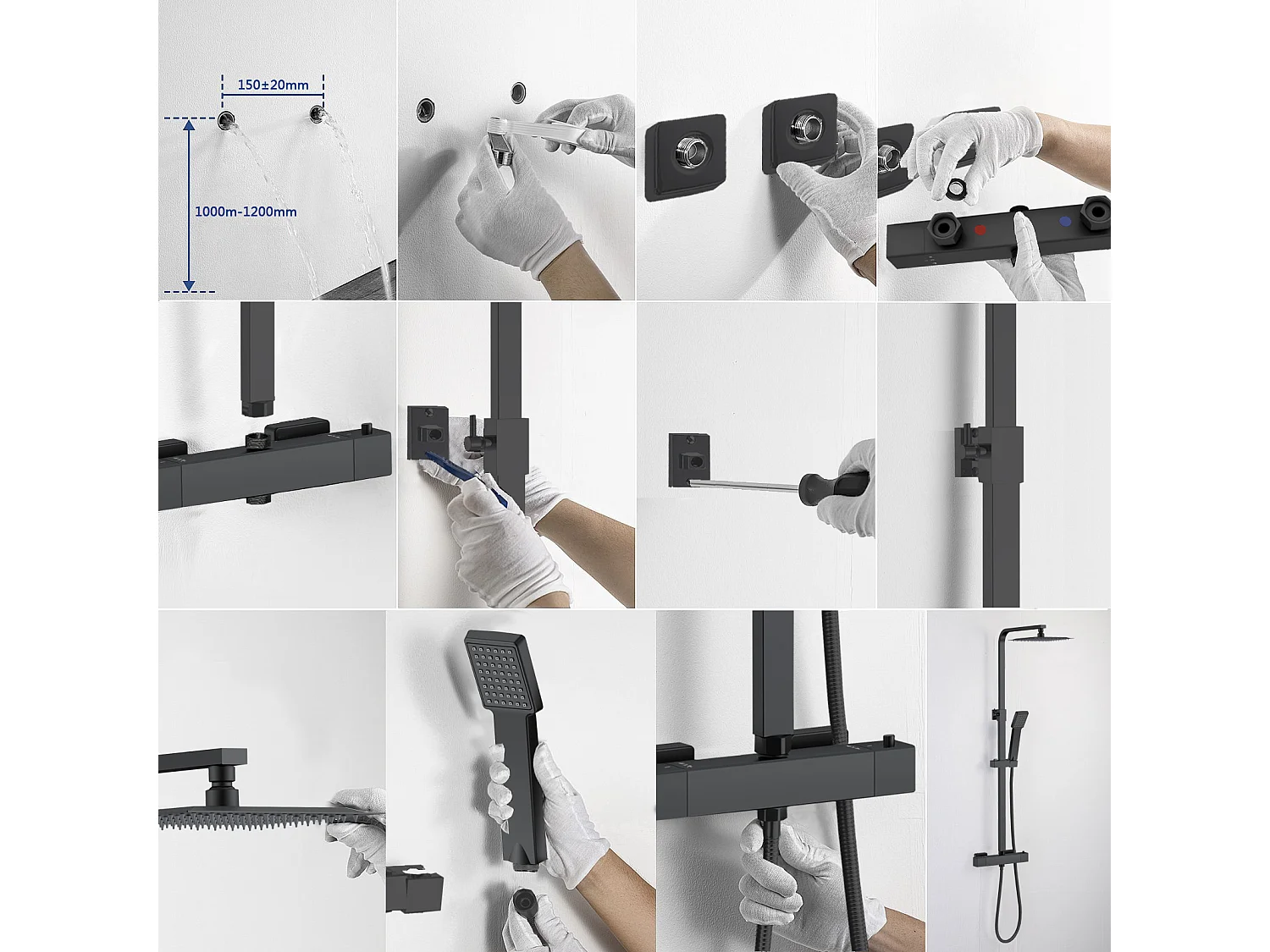 Colonna Doccia con Miscelatore Termostatico, Rubinetto Doccia 28x4cm, Soffione Doccia Quadrato in Acciaio Inox 20x20cm, Altezza Regolabile,Nero