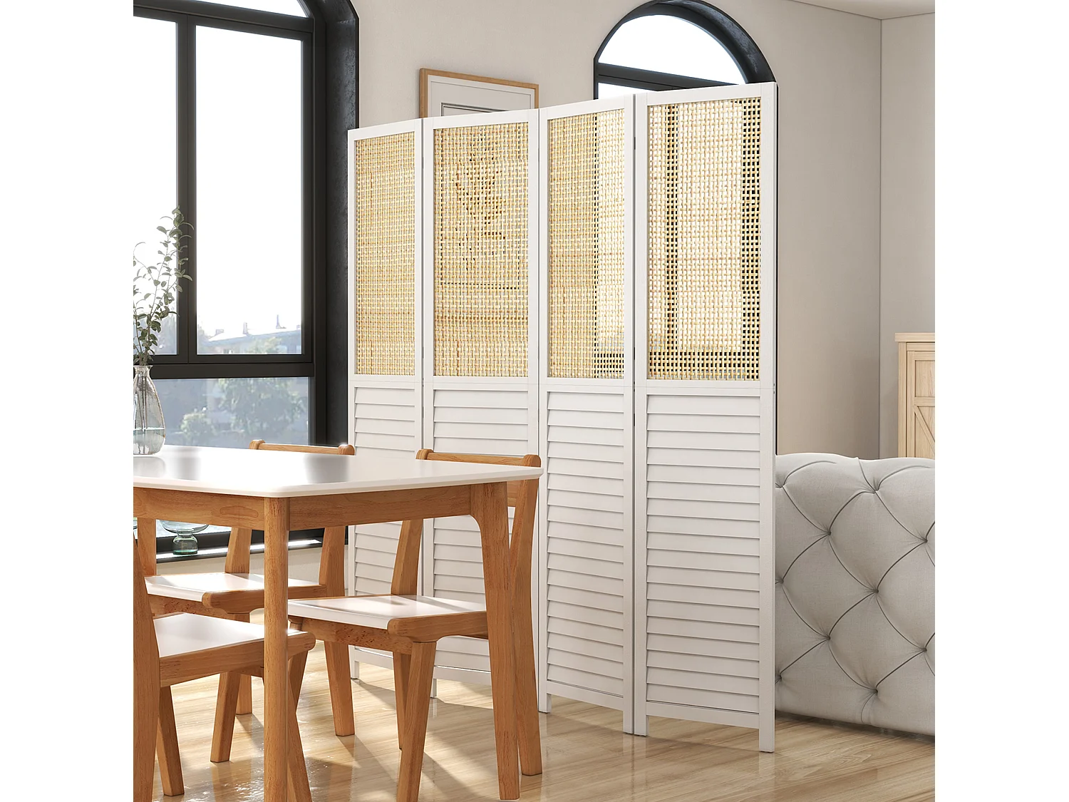 Paravent séparateur de pièce 4 panneaux pliables dim. 160L x 170H cm - bois blanc aspect rotin