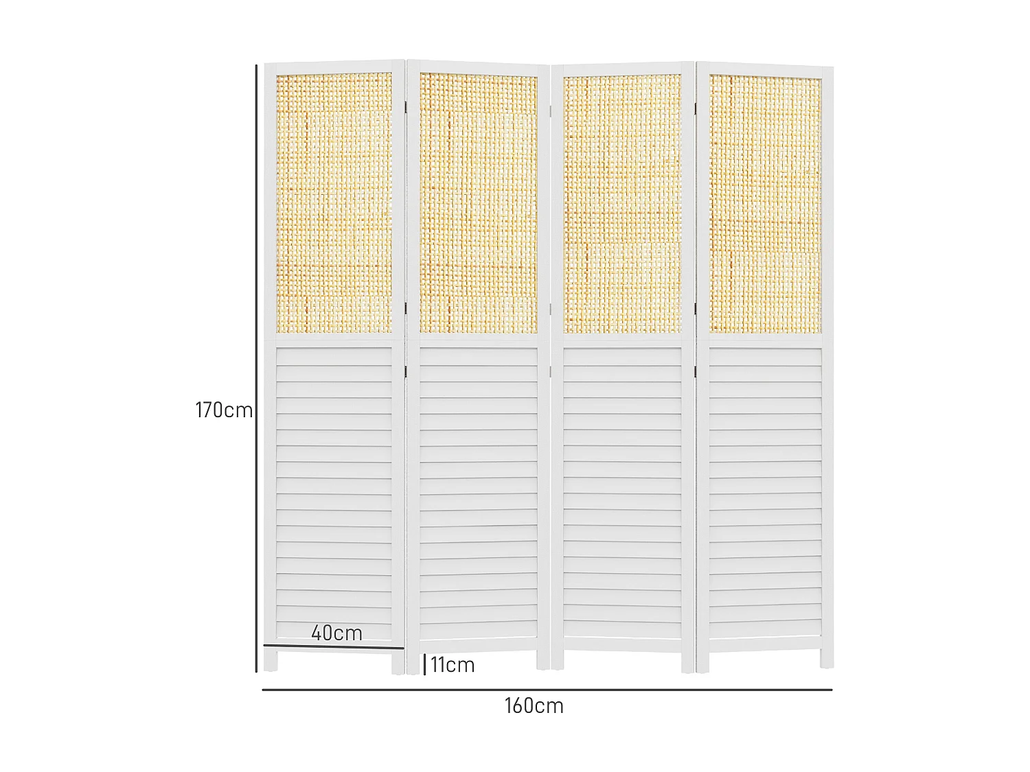 Paravent séparateur de pièce 4 panneaux pliables dim. 160L x 170H cm - bois blanc aspect rotin