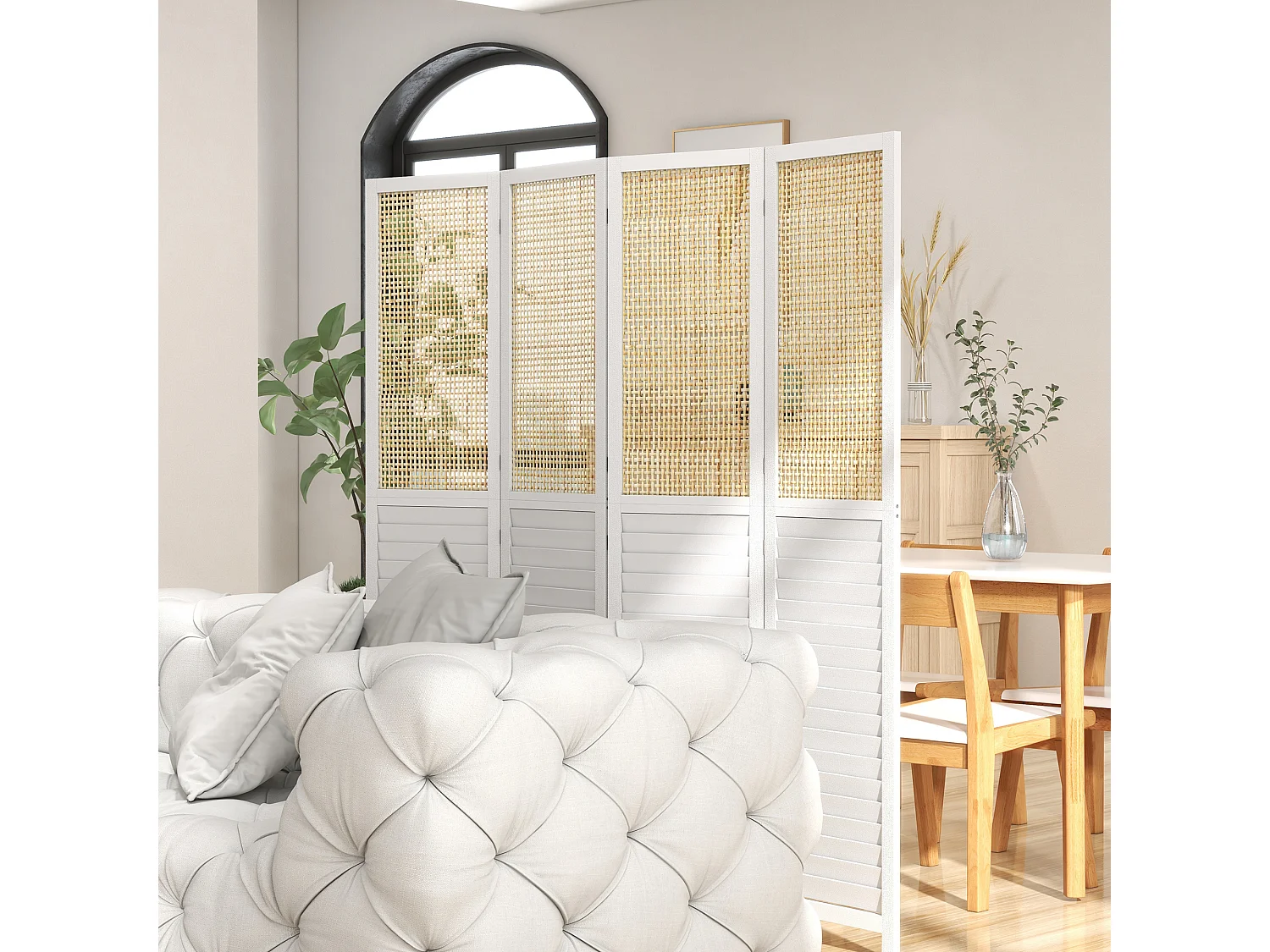 Paravent séparateur de pièce 4 panneaux pliables dim. 160L x 170H cm - bois blanc aspect rotin
