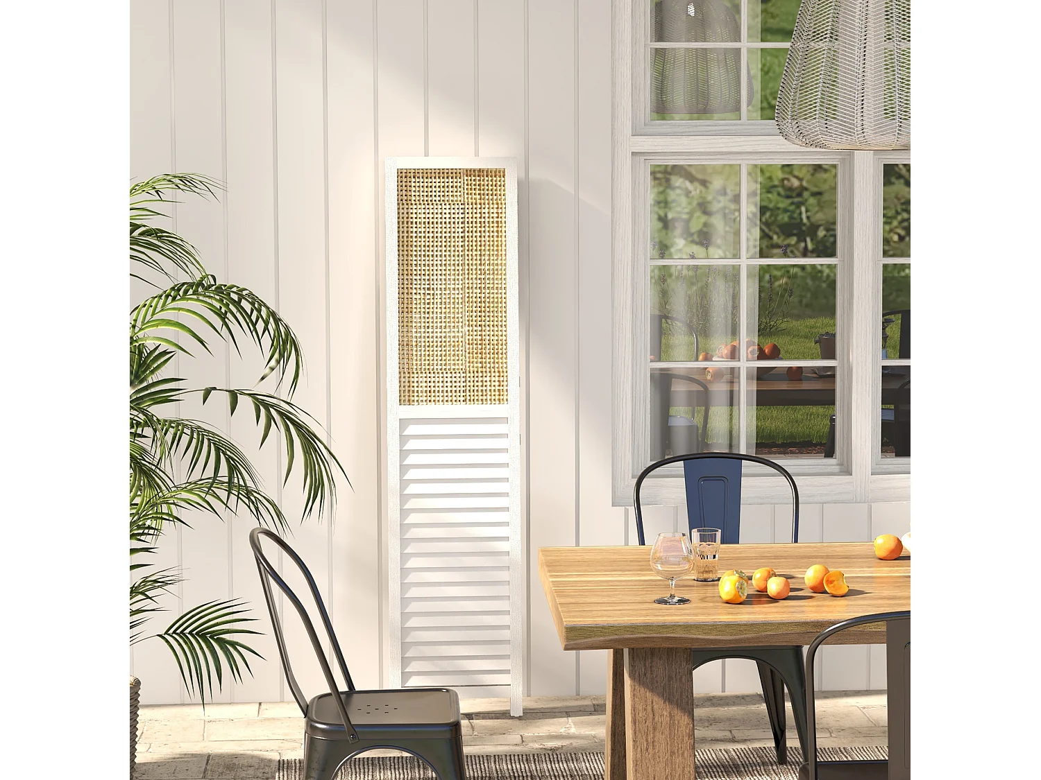 Paravent séparateur de pièce 4 panneaux pliables dim. 160L x 170H cm - bois blanc aspect rotin