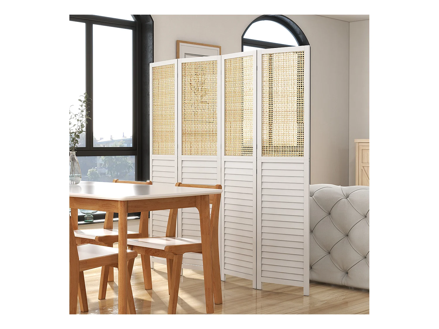 Paravent séparateur de pièce 4 panneaux pliables dim. 160L x 170H cm - bois blanc aspect rotin