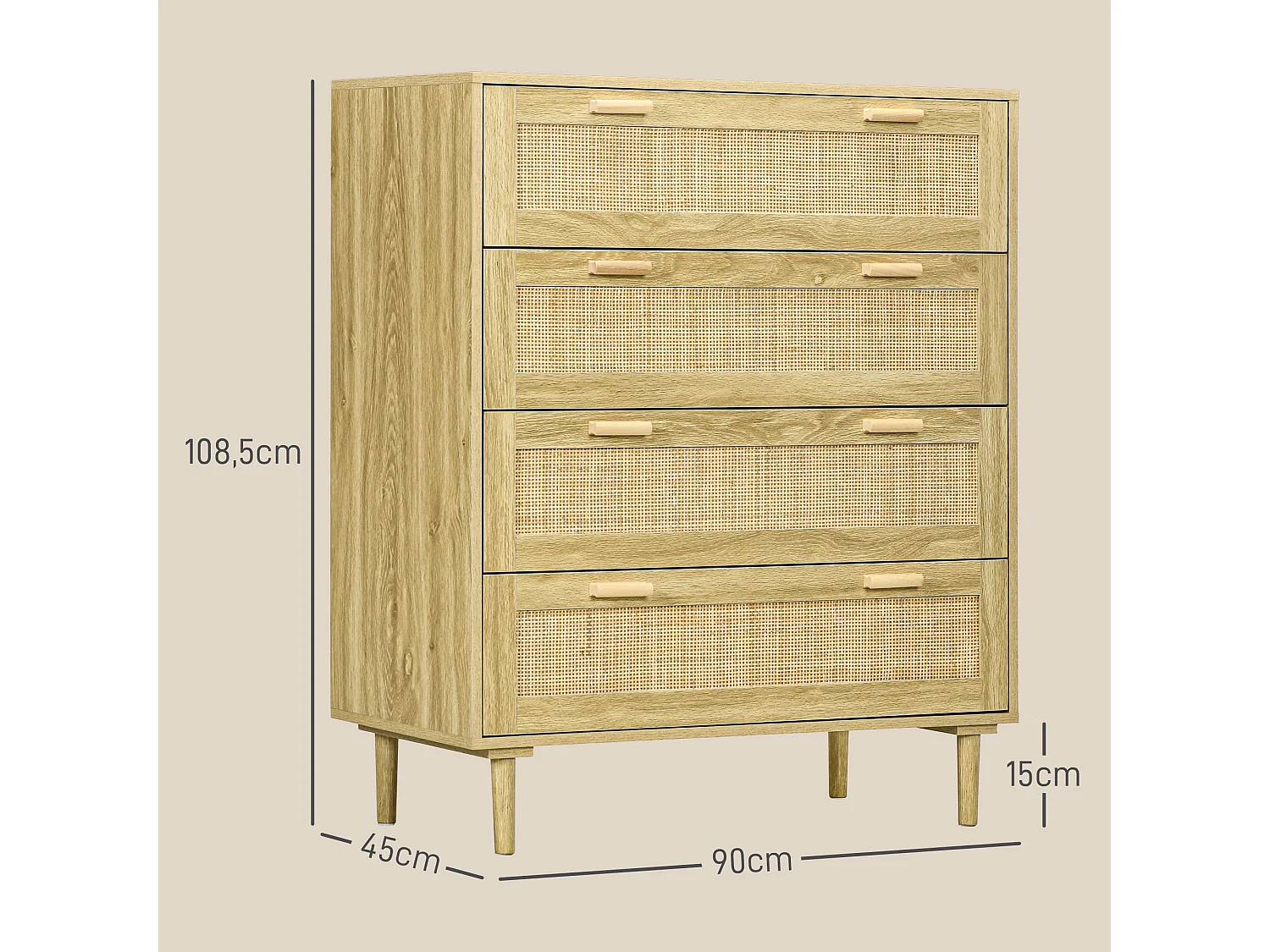 Commode 4 tiroirs style bohème chic - dim. 90L x 45l x 108,5H cm - façades tiroirs cannage rotin aspect chêne clair